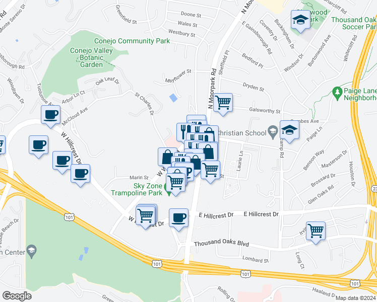 map of restaurants, bars, coffee shops, grocery stores, and more near 589 North Moorpark Road in Thousand Oaks