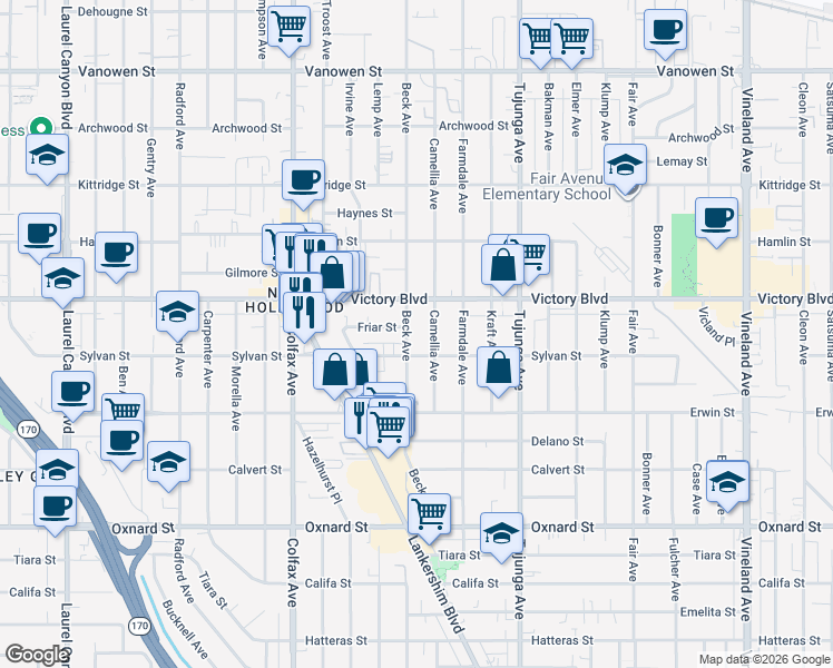 map of restaurants, bars, coffee shops, grocery stores, and more near 6320 Beck Avenue in Los Angeles