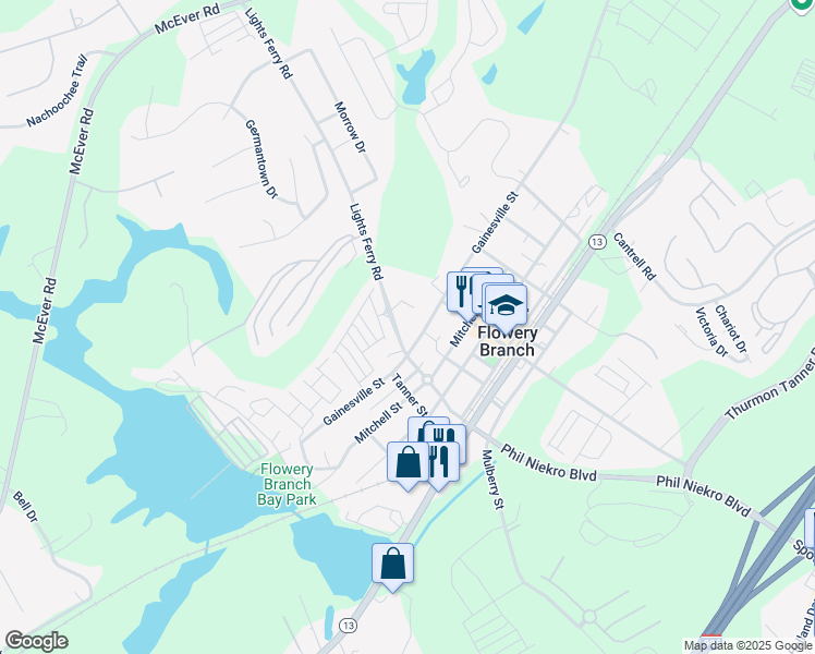 map of restaurants, bars, coffee shops, grocery stores, and more near 5912 Lights Ferry Road in Flowery Branch