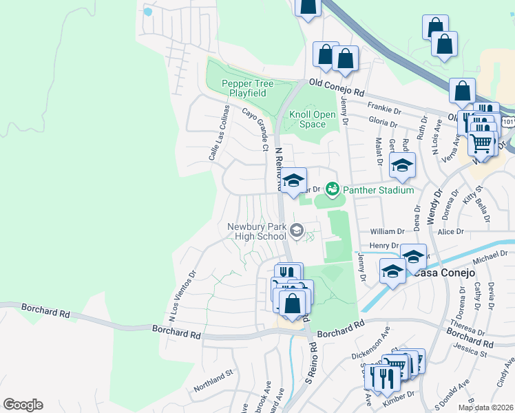 map of restaurants, bars, coffee shops, grocery stores, and more near 619 Martinique Place in Thousand Oaks