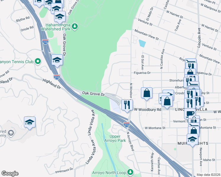 map of restaurants, bars, coffee shops, grocery stores, and more near 974 La Canada Verdugo Road in Pasadena