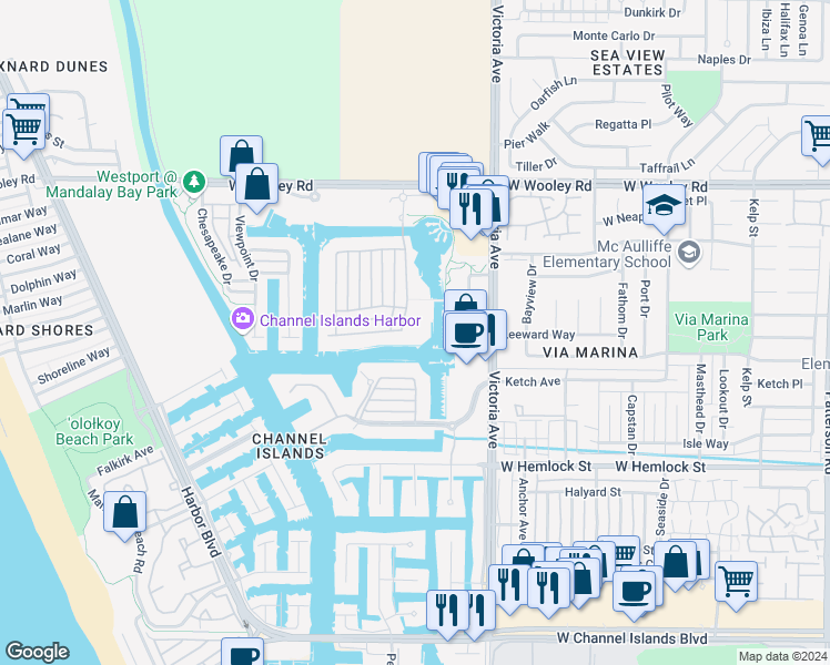 map of restaurants, bars, coffee shops, grocery stores, and more near 1564 Seabridge Lane in Oxnard