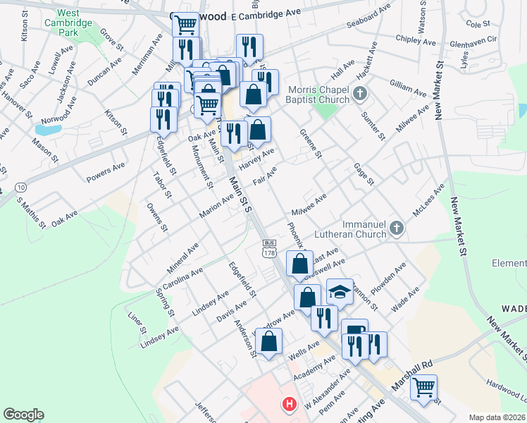 map of restaurants, bars, coffee shops, grocery stores, and more near 835 Main Street South in Greenwood