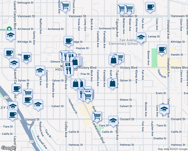 map of restaurants, bars, coffee shops, grocery stores, and more near 6302 Beck Avenue in Los Angeles