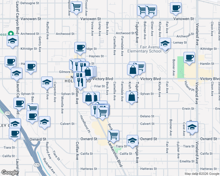 map of restaurants, bars, coffee shops, grocery stores, and more near 6320 Beck Avenue in Los Angeles