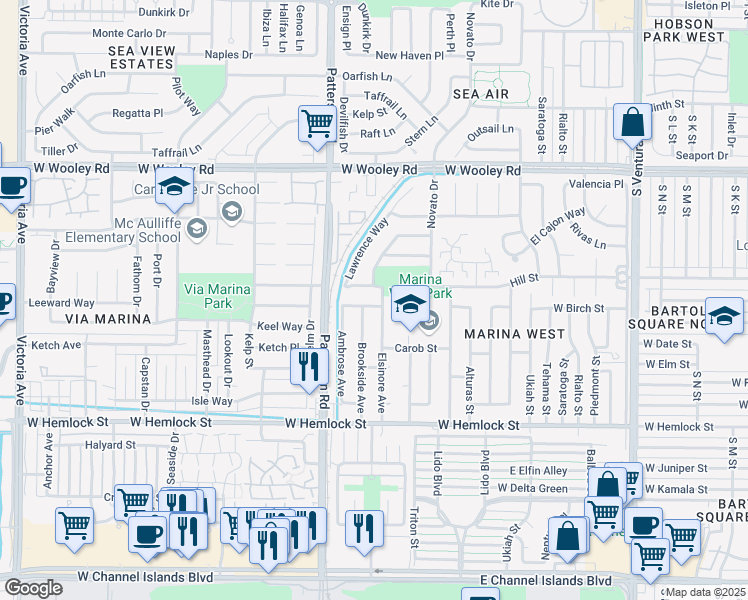map of restaurants, bars, coffee shops, grocery stores, and more near 2711 Altus Way in Oxnard