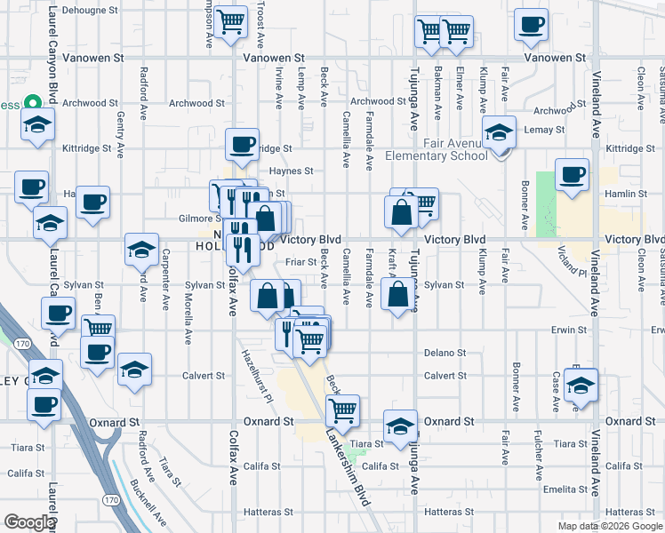 map of restaurants, bars, coffee shops, grocery stores, and more near 6320 Beck Avenue in Los Angeles