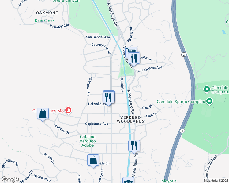 map of restaurants, bars, coffee shops, grocery stores, and more near 2616 Cañada Boulevard in Glendale