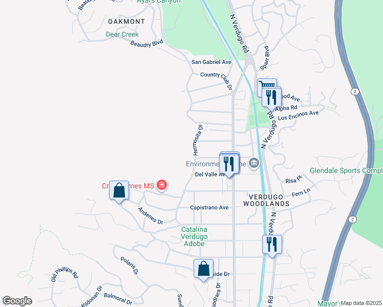 map of restaurants, bars, coffee shops, grocery stores, and more near 2707 Hermosita Drive in Glendale