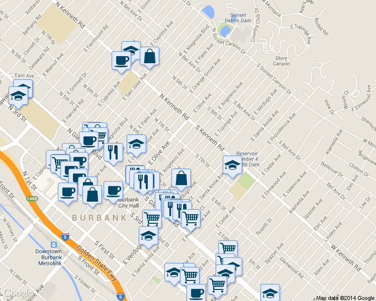 map of restaurants, bars, coffee shops, grocery stores, and more near 614 East Angeleno Avenue in Burbank