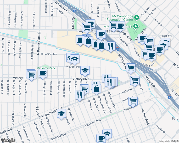 map of restaurants, bars, coffee shops, grocery stores, and more near 1210 North Reese Place in Burbank