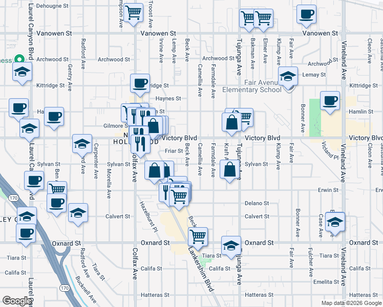 map of restaurants, bars, coffee shops, grocery stores, and more near 6302 Beck Avenue in Los Angeles