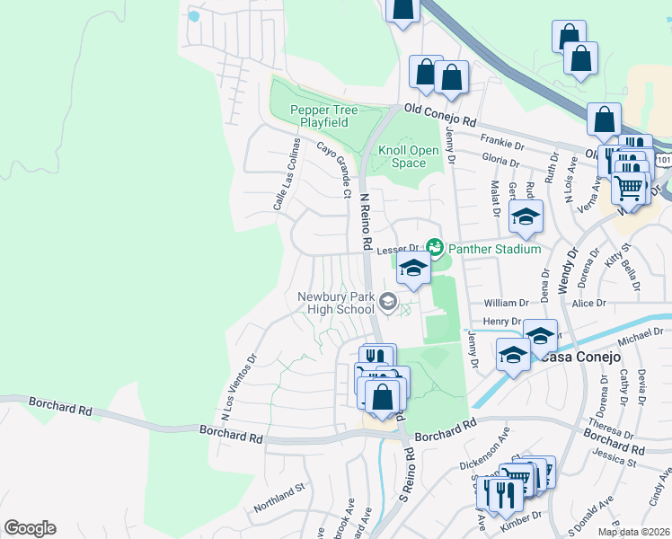 map of restaurants, bars, coffee shops, grocery stores, and more near 619 Martinique Place in Thousand Oaks