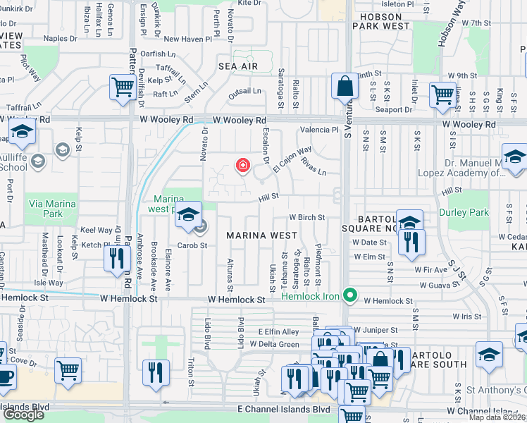 map of restaurants, bars, coffee shops, grocery stores, and more near 1415 Visalia Street in Oxnard