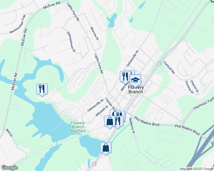 map of restaurants, bars, coffee shops, grocery stores, and more near 5912 Lights Ferry Road in Flowery Branch