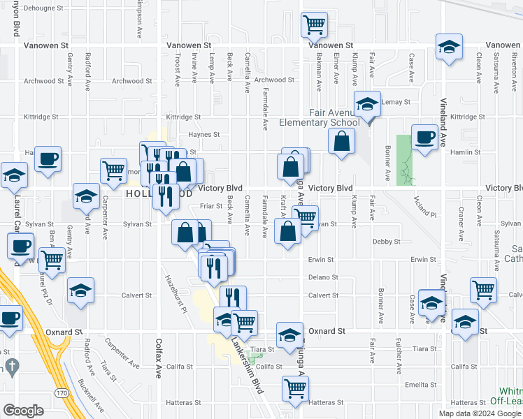 map of restaurants, bars, coffee shops, grocery stores, and more near 6323 Farmdale Avenue in Los Angeles