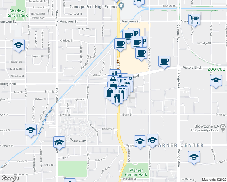 map of restaurants, bars, coffee shops, grocery stores, and more near 6325 California 27 in Los Angeles