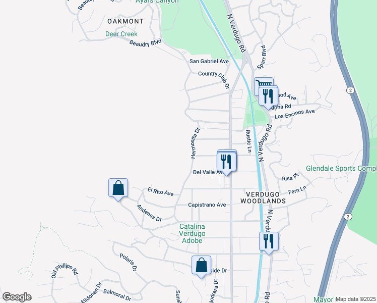 map of restaurants, bars, coffee shops, grocery stores, and more near 2707 Hermosita Drive in Glendale