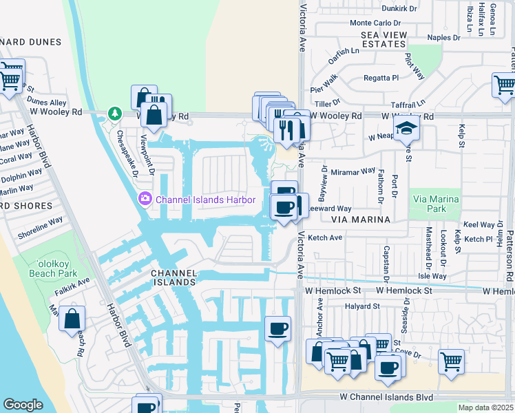 map of restaurants, bars, coffee shops, grocery stores, and more near 1578 Seabridge Lane in Oxnard