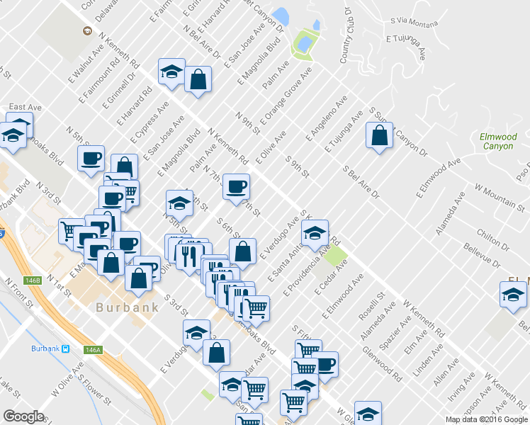 map of restaurants, bars, coffee shops, grocery stores, and more near 707 East Tujunga Avenue in Burbank