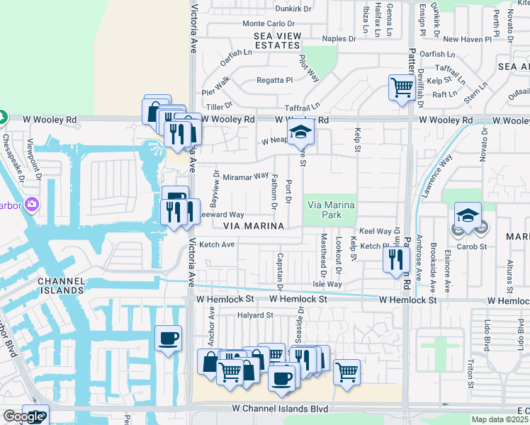 map of restaurants, bars, coffee shops, grocery stores, and more near 1464 Ebb Court in Oxnard