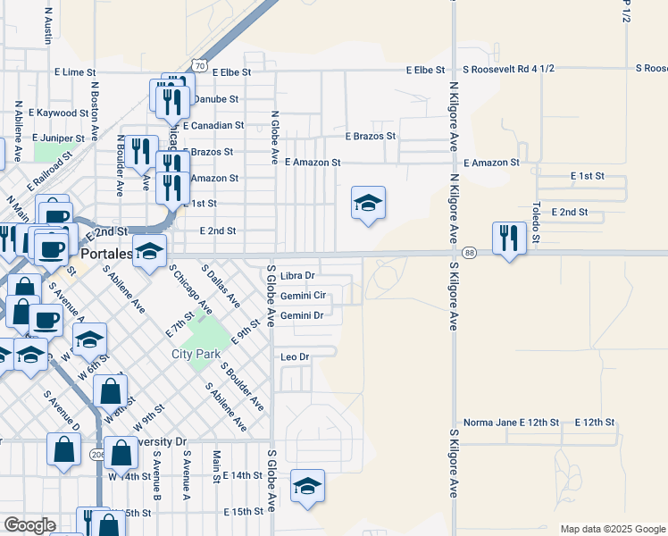 map of restaurants, bars, coffee shops, grocery stores, and more near 1209 Libra Drive in Portales