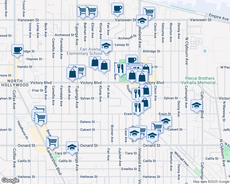 map of restaurants, bars, coffee shops, grocery stores, and more near 11155 Laughlin Lane in Los Angeles