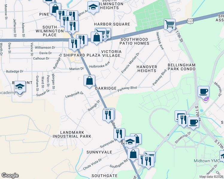 map of restaurants, bars, coffee shops, grocery stores, and more near 575 Parkway Boulevard in Wilmington