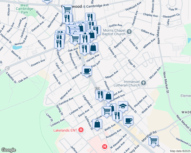 map of restaurants, bars, coffee shops, grocery stores, and more near 835 Main Street South in Greenwood