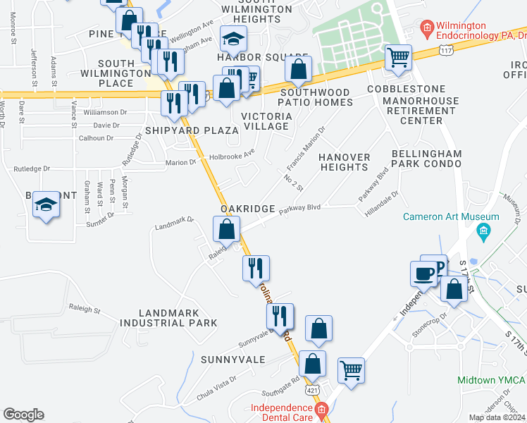 map of restaurants, bars, coffee shops, grocery stores, and more near 601 Parkway Boulevard in Wilmington