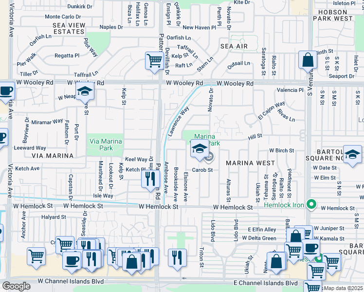 map of restaurants, bars, coffee shops, grocery stores, and more near 2711 Altus Way in Oxnard