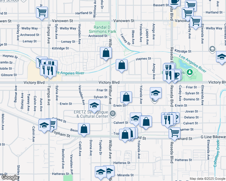 map of restaurants, bars, coffee shops, grocery stores, and more near 6338 Wilbur Avenue in Los Angeles