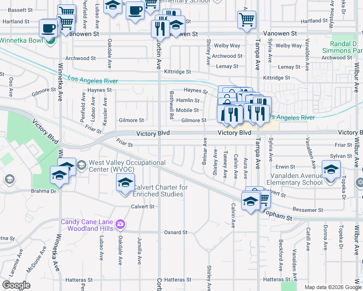 map of restaurants, bars, coffee shops, grocery stores, and more near 19609 Friar Street in Los Angeles