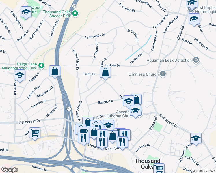 map of restaurants, bars, coffee shops, grocery stores, and more near 692 Rancho Road in Thousand Oaks