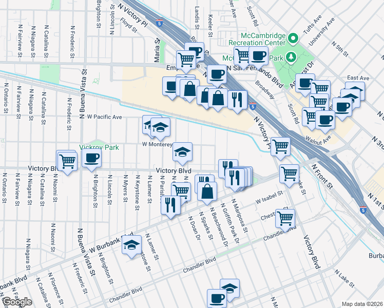 map of restaurants, bars, coffee shops, grocery stores, and more near 1210 North Reese Place in Burbank