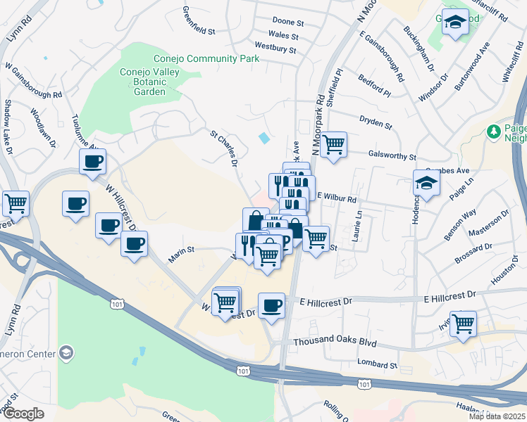 map of restaurants, bars, coffee shops, grocery stores, and more near 191 W Wilbur Rd in Thousand Oaks