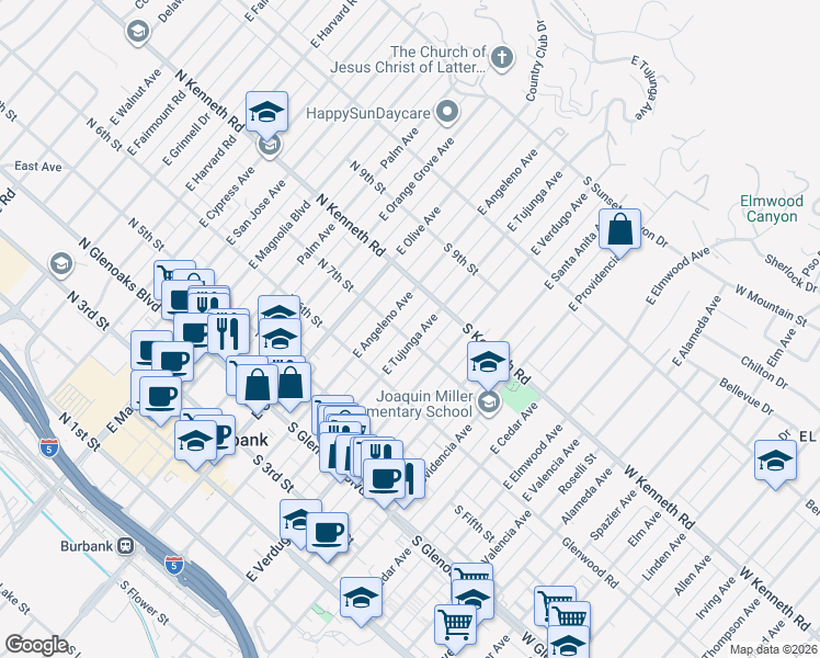 map of restaurants, bars, coffee shops, grocery stores, and more near 707 East Tujunga Avenue in Burbank