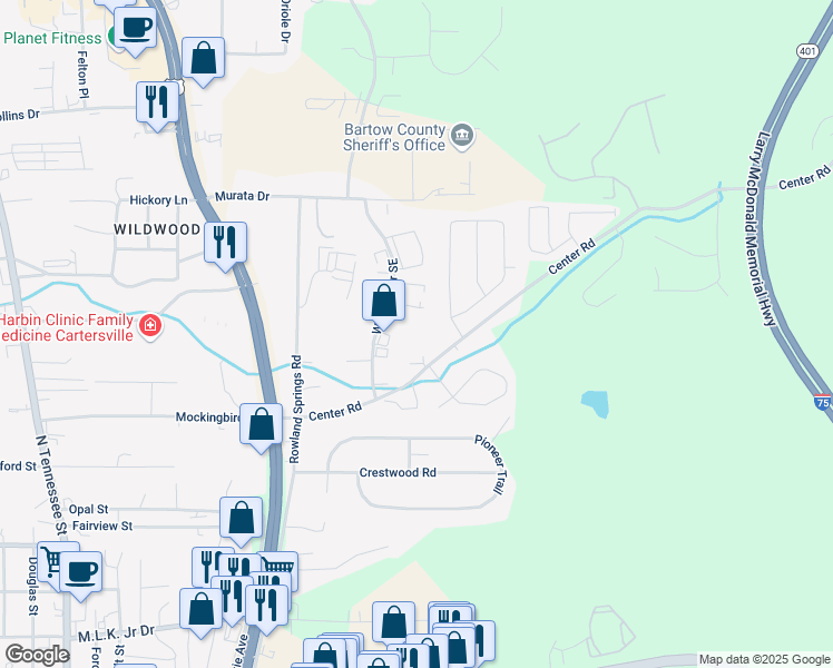 map of restaurants, bars, coffee shops, grocery stores, and more near 73 Center Road Southeast in Cartersville