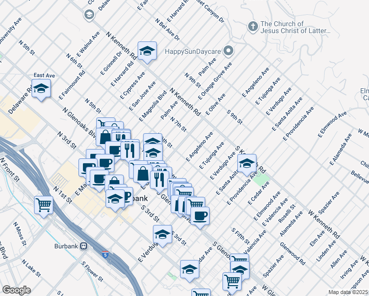 map of restaurants, bars, coffee shops, grocery stores, and more near 111 South 6th Street in Burbank