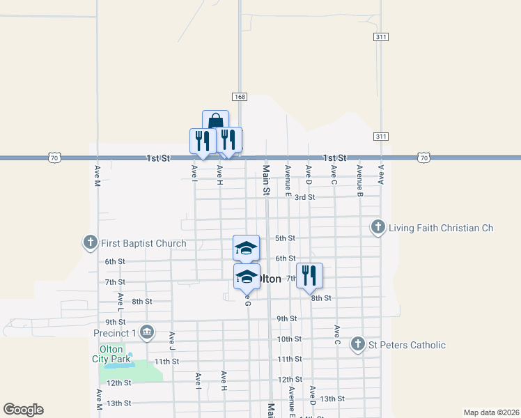 map of restaurants, bars, coffee shops, grocery stores, and more near 401-499 Main Avenue in Olton