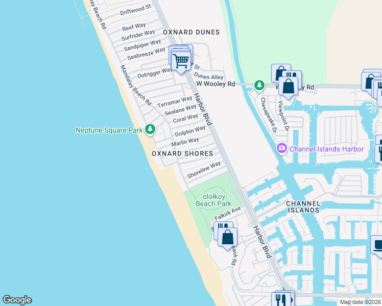 map of restaurants, bars, coffee shops, grocery stores, and more near 4936 Amalfi Way in Oxnard
