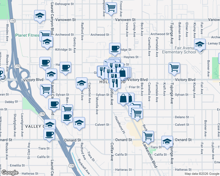 map of restaurants, bars, coffee shops, grocery stores, and more near 6310 Colfax Avenue in Los Angeles