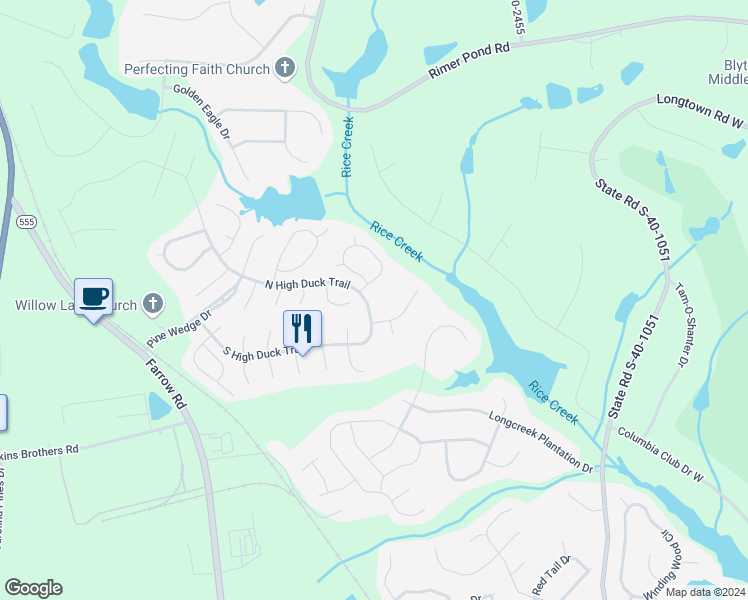 map of restaurants, bars, coffee shops, grocery stores, and more near 248 High Duck Trail in Blythewood