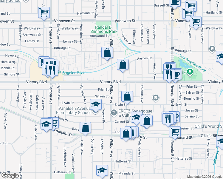 map of restaurants, bars, coffee shops, grocery stores, and more near 6338 Wilbur Avenue in Los Angeles
