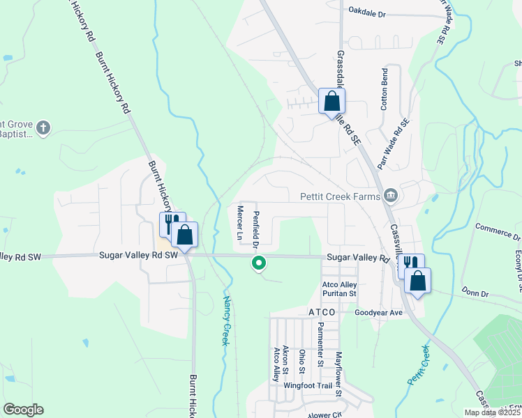 map of restaurants, bars, coffee shops, grocery stores, and more near 18 Penfield Drive in Cartersville
