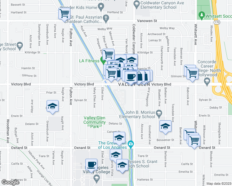 map of restaurants, bars, coffee shops, grocery stores, and more near 6217 Morse Avenue in Los Angeles