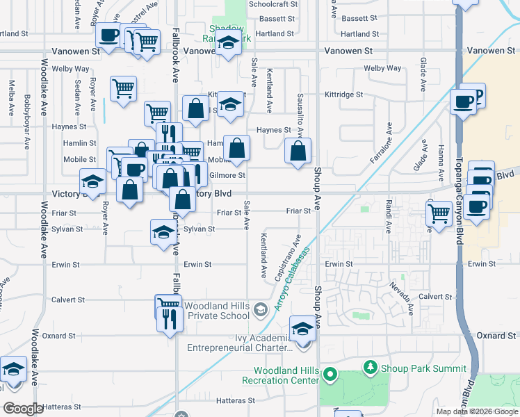 map of restaurants, bars, coffee shops, grocery stores, and more near 6300 Sale Avenue in Los Angeles
