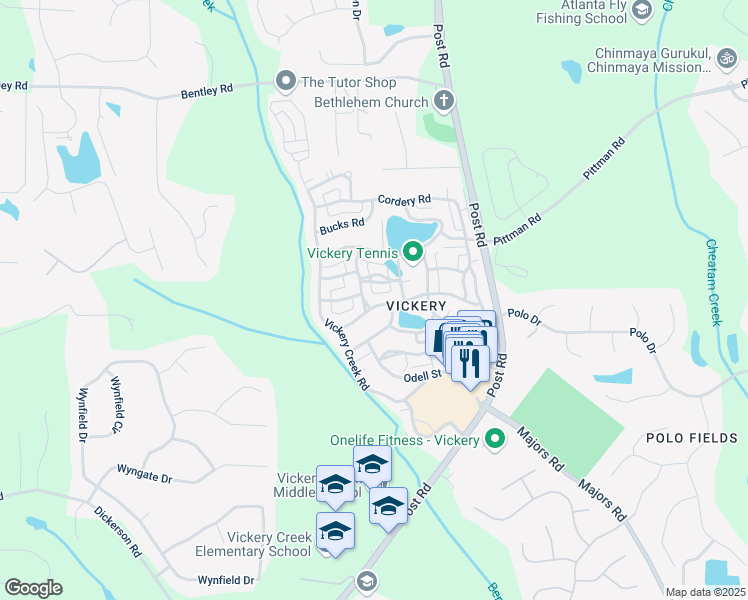 map of restaurants, bars, coffee shops, grocery stores, and more near 6515 Wesley Hughes Road in Cumming
