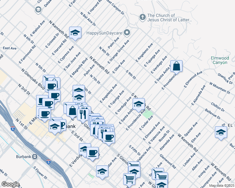 map of restaurants, bars, coffee shops, grocery stores, and more near 638 East Tujunga Avenue in Burbank