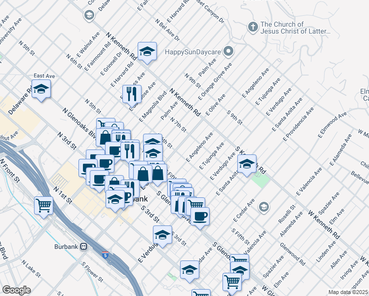 map of restaurants, bars, coffee shops, grocery stores, and more near 111 South 6th Street in Burbank